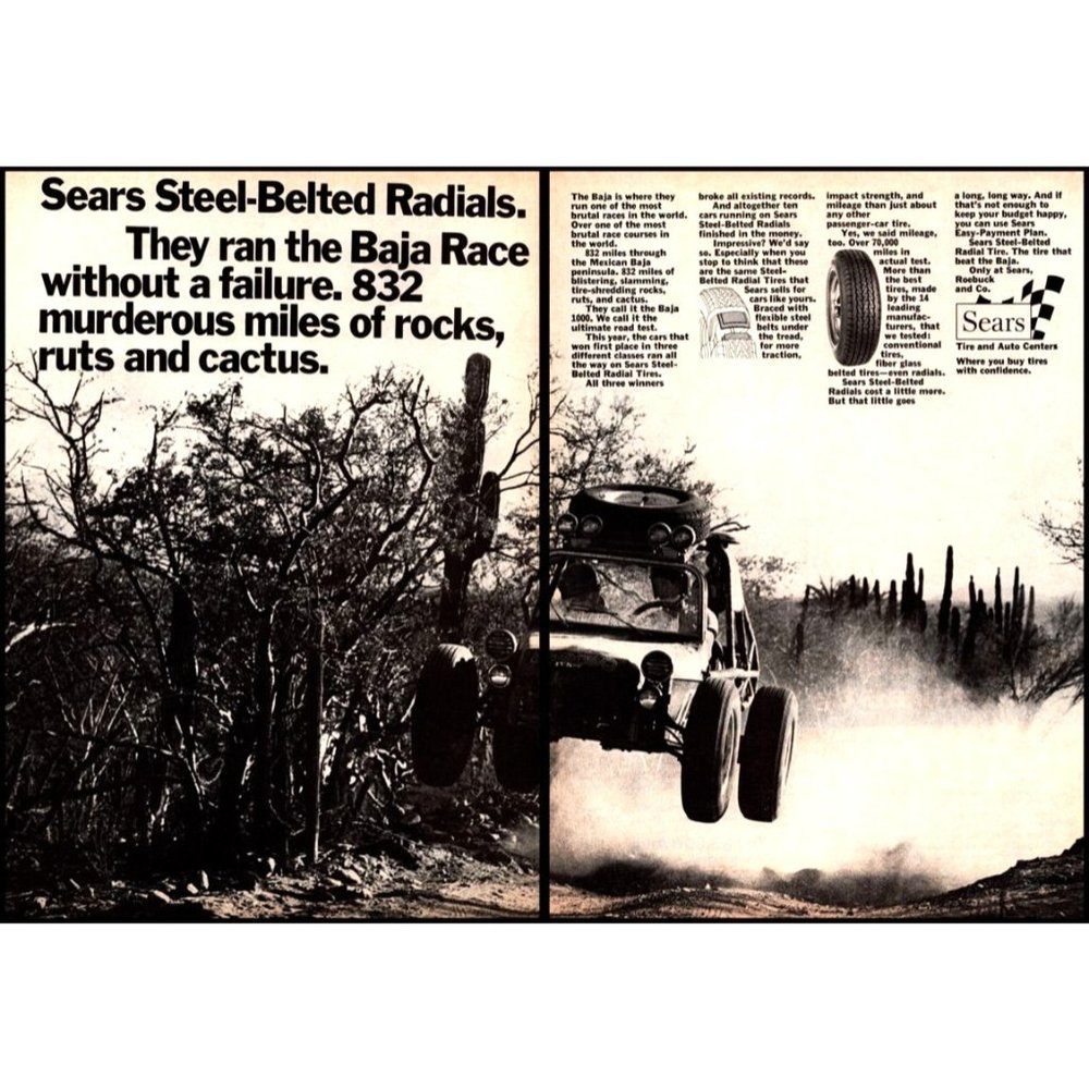 1971 Sears Tire Center Baja Run 2 Page Vintage Print Ad Dune Buggy Race Wall Art